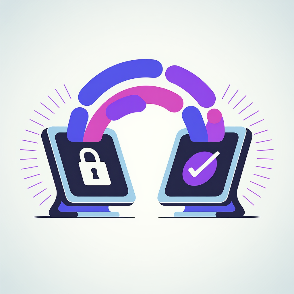 Illustration of two computer screens securely exchanging data, with a padlock icon on the sending screen and a checkmark icon on the receiving screen, symbolising trusted, approved data sharing