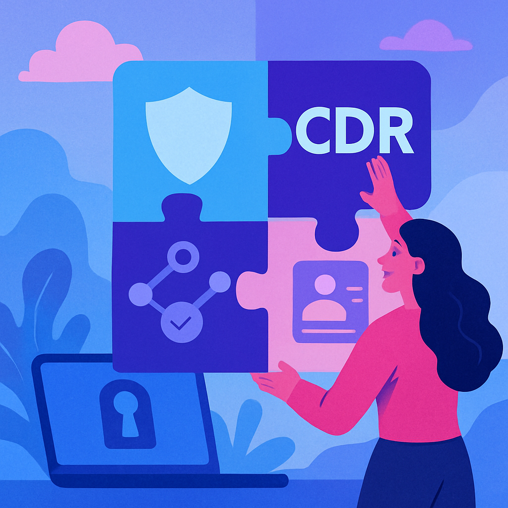 Illustration of a woman placing a puzzle piece labelled ‘CDR’ into a larger puzzle showing icons for security, data sharing, and identity, with a laptop displaying a lock symbol in the background.