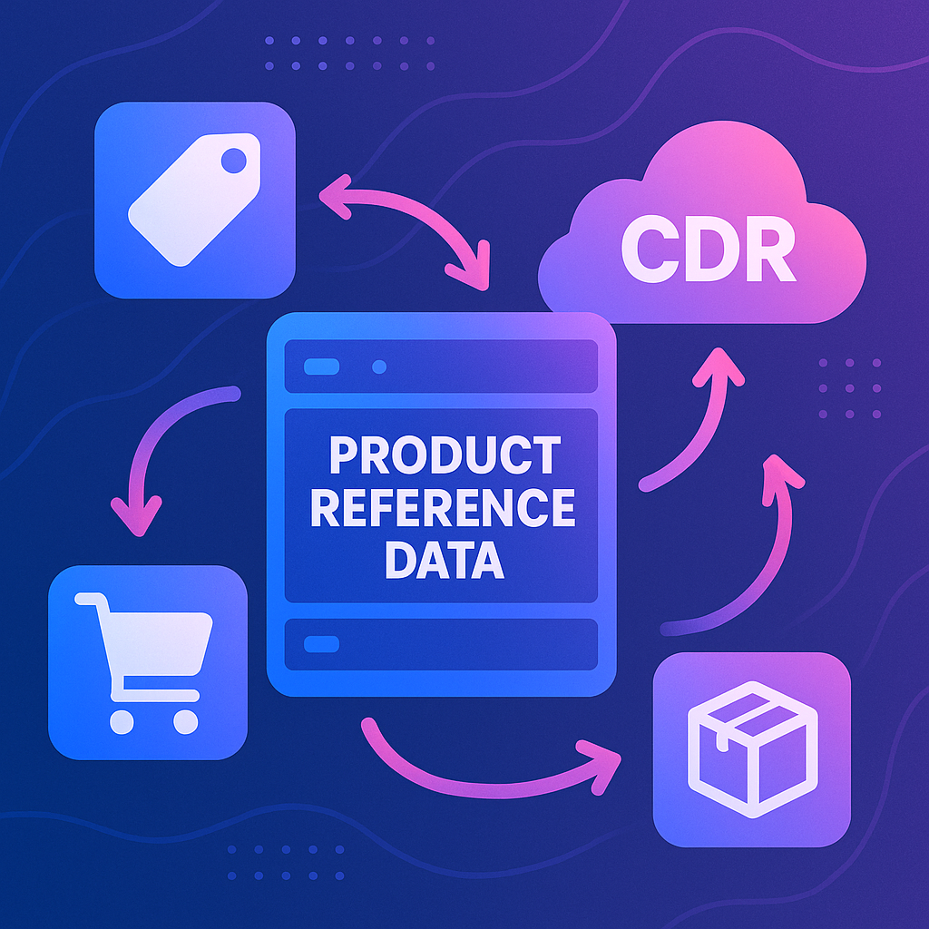 Diagram showing a flow of product reference data interacting with icons representing tags, shopping cart, packaging box, and a cloud labeled CDR, illustrating data exchange in the Consumer Data Right ecosystem