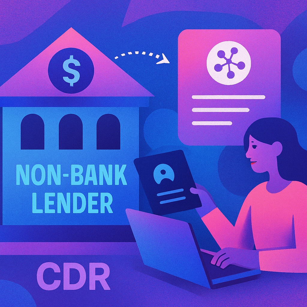 Illustration of a non‑bank lender building labelled ‘Non‑Bank Lender CDR’ and a person at a laptop holding, depicting consumer data sharing under the Consumer Data Right