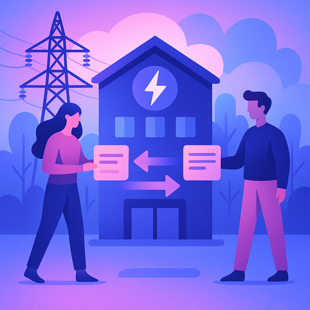 Illustrated scene of two people exchanging data represented by arrows and message blocks in front of an energy building with a lightning-bolt symbol, symbolising the sharing of energy data under the Consumer Data Right