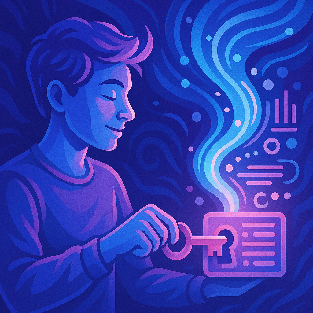 Illustration of a person turning a key to unlock a glowing data panel, symbolising unlocking the power of the Consumer Data Right