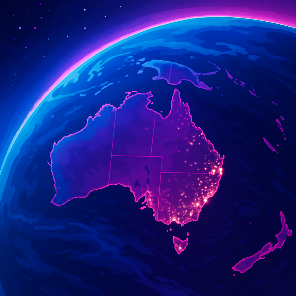 The image shows a view of Earth from space focusing on the continent of Australia The continent is visible in detail with city lights indicating popul-2