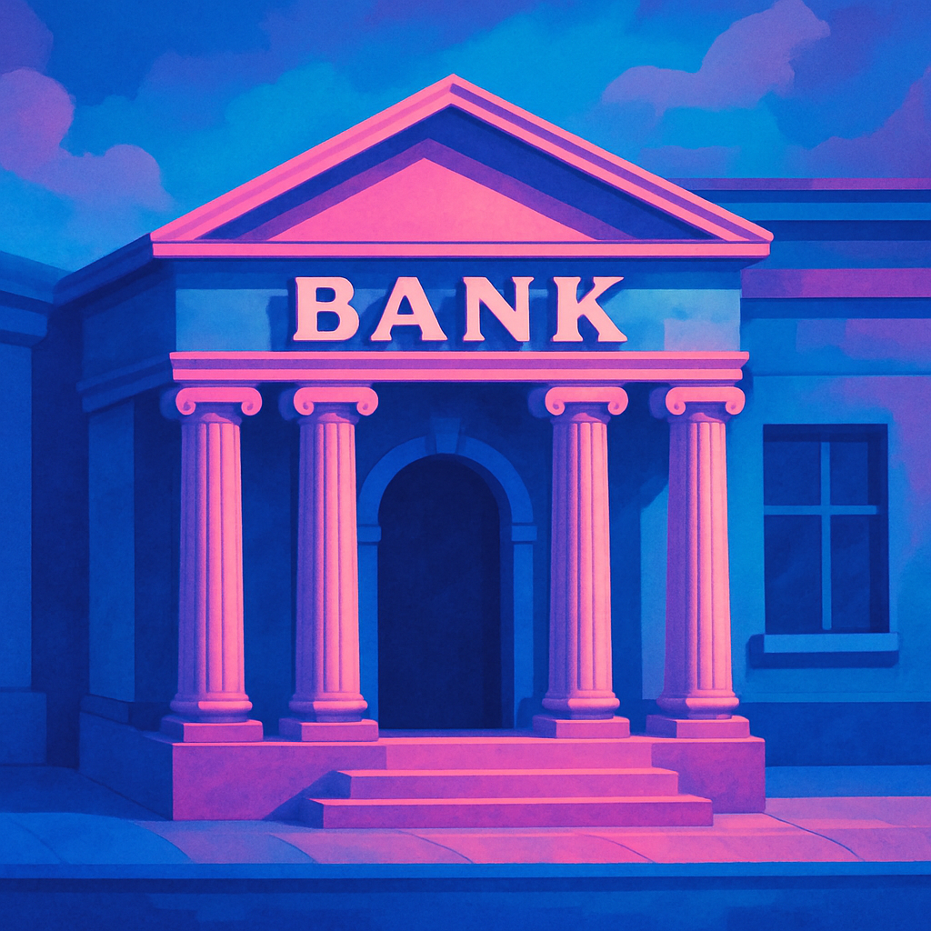 a stylised image of a bank in blues pinks and purples