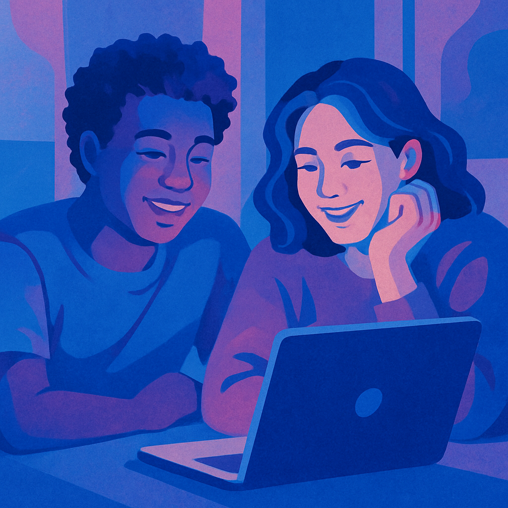 a stylised image of two relaxed people looking at a computer screen in blues pinks and purples a stylised image of two relaxed people looking at a computer screen in blues pinks and purples