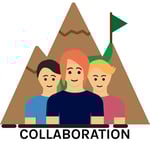 Illustration of three people standing together in front of mountains with a flag, symbolising teamwork and collaboration.