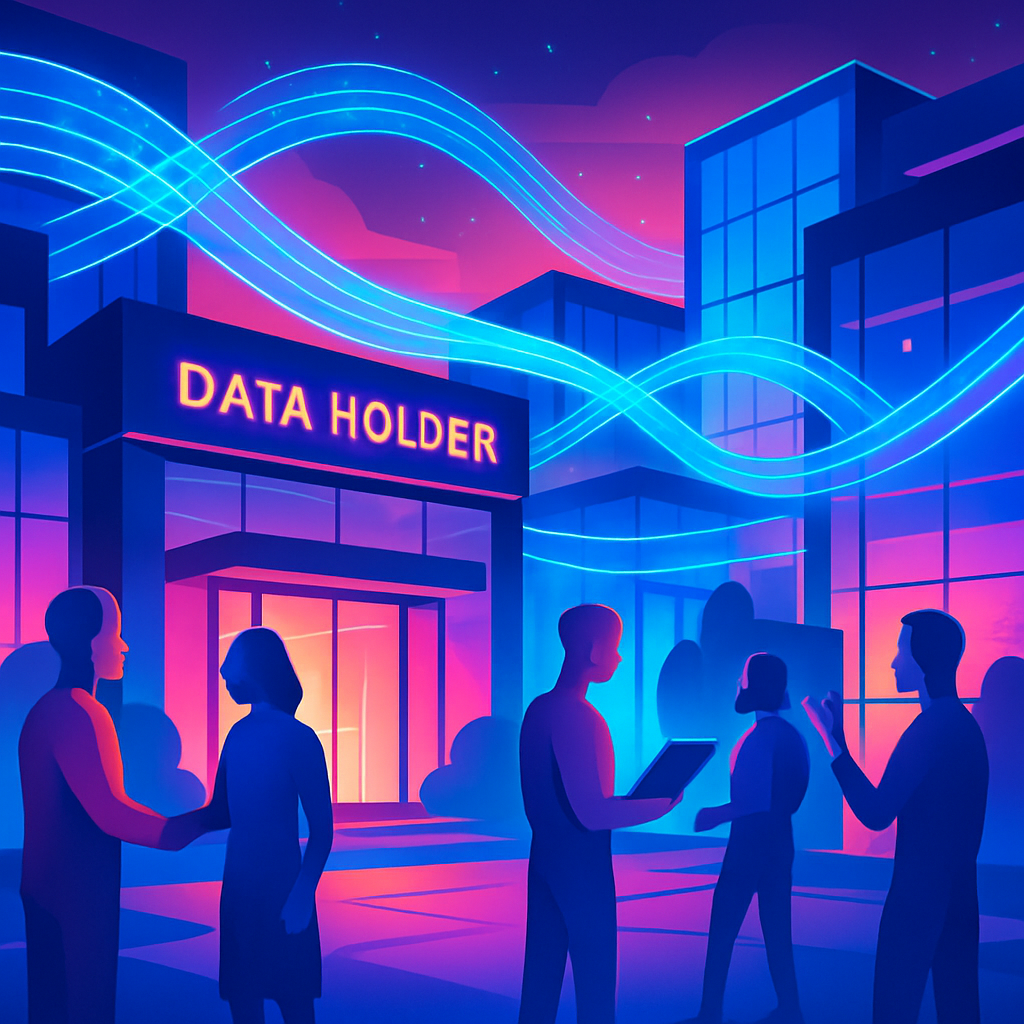 In a vibrant stylised setting envision a futuristic data holder institution its sleek architecture glowing with hues of blue pink and purple Data streams