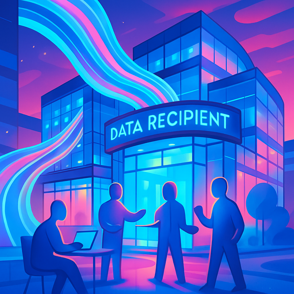 In a vibrant stylised setting envision a futuristic data recipient institution with sleek architecture glowing with hues of blue pink and purples